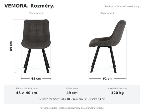 Jídelní židle VEMORA - šedá látka / černé kovové nohy