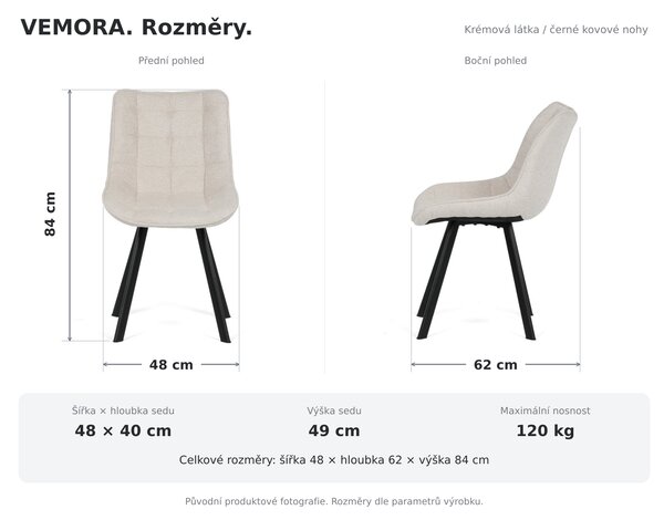 Jídelní židle VEMORA - krémová látka / černé kovové nohy