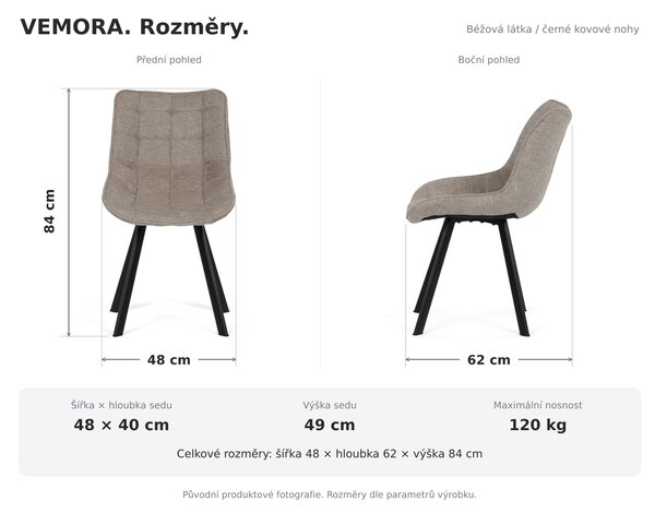 Jídelní židle VEMORA - béžová látka / černé kovové nohy