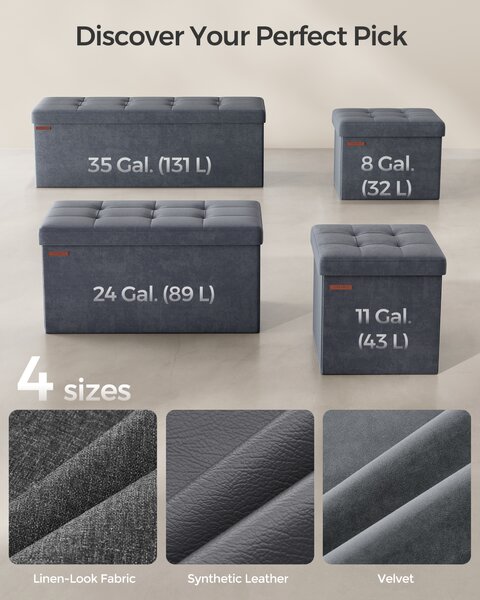 SONGMICS Skládací úložná lavice s úložným prostorem nosnost 300 kg 110 x 38 x 38 cm šedá