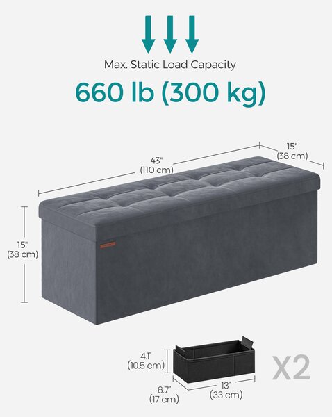 SONGMICS Skládací úložná lavice s úložným prostorem nosnost 300 kg 110 x 38 x 38 cm šedá