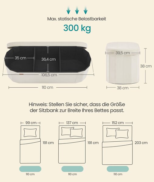 SONGMICS Skládací taburet s úložným prostorem objem 110 l 110 x 38 x 38 cm krémová