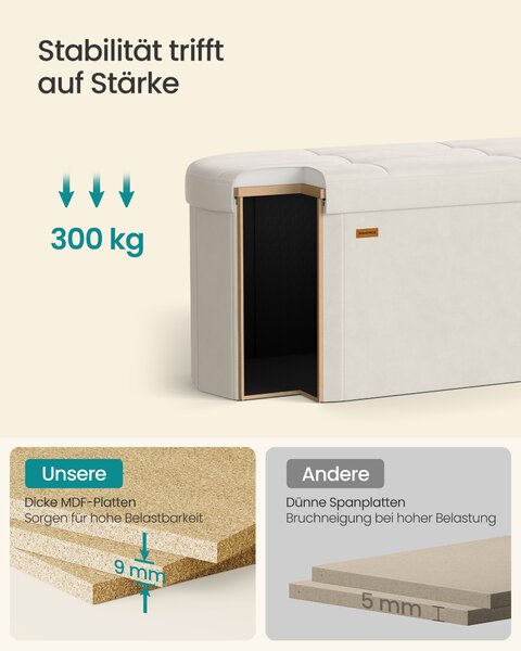 SONGMICS Skládací taburet s úložným prostorem objem 110 l 110 x 38 x 38 cm krémová