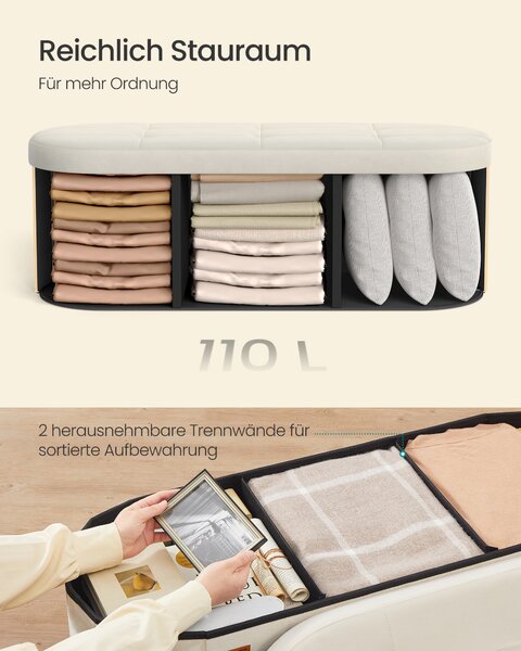 SONGMICS Skládací taburet s úložným prostorem objem 110 l 110 x 38 x 38 cm krémová