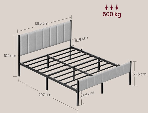 VASAGLE Rám postele pro manželskou postel s čalouněným čelem ocelové lamely nosnost 500 kg 160 x 200 cm šedá černá