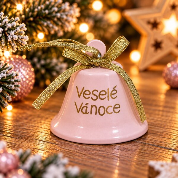 Vánoční zvonek plechový růžový Veselé Vánoce 6,5cm 3003293