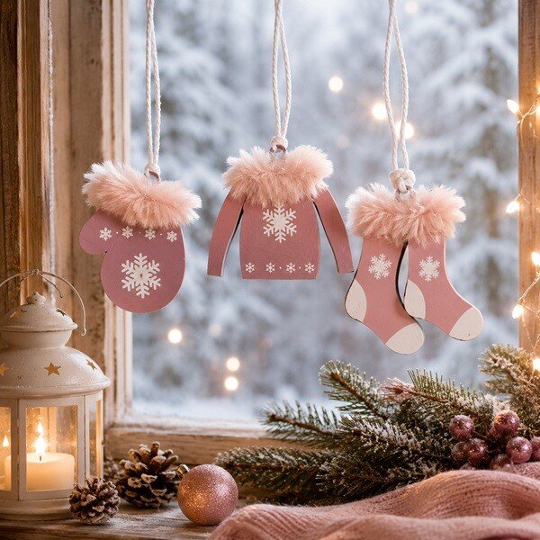 Dekorace závěsný set zima růžový 3ks/bal 6cm 3001193