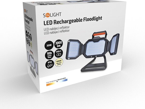 SOLIGHT LED reflektor 30W, přenosný, nabíjecí, 3000lm, oranžovo-černý