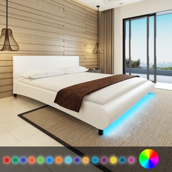 Postel s matrací LED bílá umělá kůže 180 x 200 cm