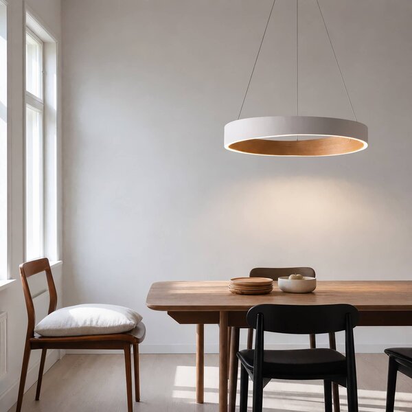 Lucande LED závěsné světlo Daelor, bílé/dřevěné, stmívatelné, stmívatelný, Bílá / opál, Obývací pokoj / jídelna, kov, Design