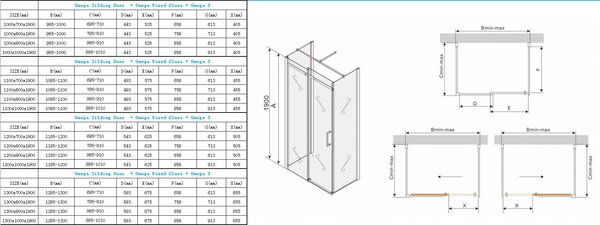 Mexen Omega 3-stěnný sprchový kout 150x100cm, 8mm sklo, chromový profil-čiré sklo, 825-150-100-03-00