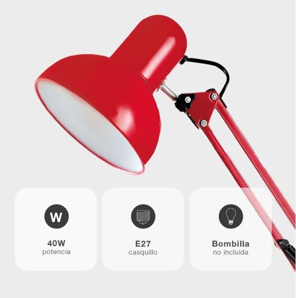 Kloubová stolní lampa na 1 žárovku E27, 40W, se šroubovacím úchytem, červená, 3 roky zár