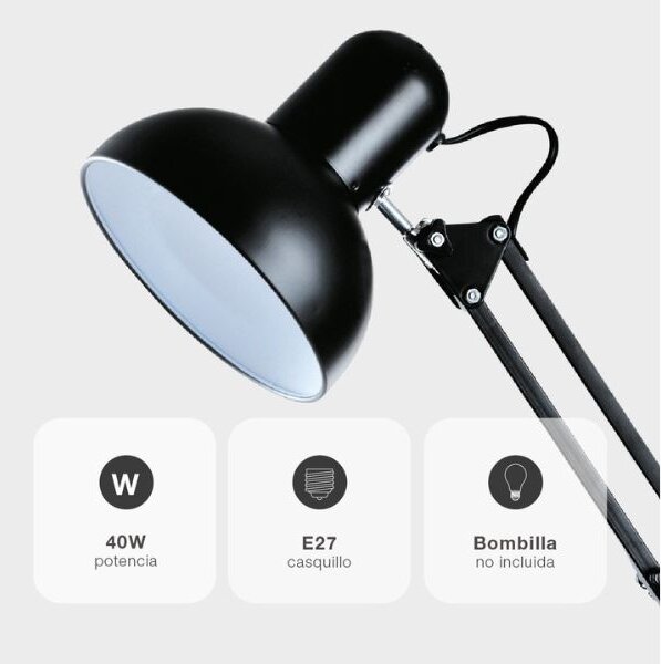 Kloubová stolní lampa na 1 žárovku E27, 40W, se šroubovacím úchytem, černá, 3 roky zár