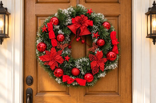 Vánoční věnec na dveře s červenou dekorací a umělým sněhem, 50 cm