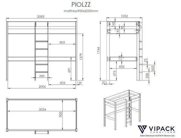 Vipack Dřevěná patrová postel a stůl Pino 90 x 200 cm