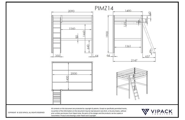 Vipack Dřevěná patrová postel Pino Mezzanine 140 x 200 cm