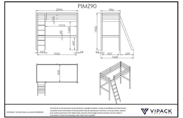 Vipack Dřevěná patrová postel Pino Mezzanine 90 x 200 cm