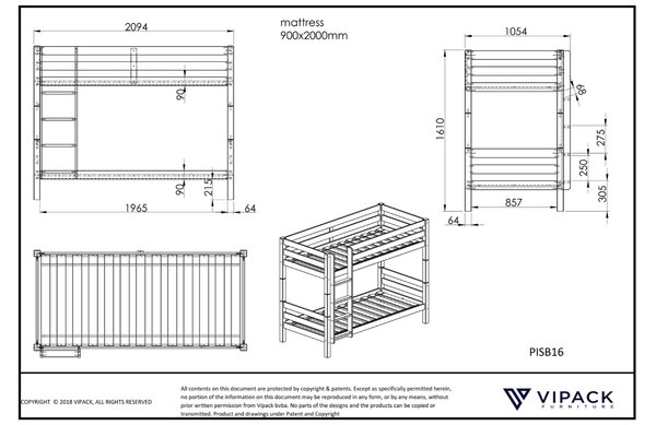 Vyšší bílá borovicová dvoupatrová postel Vipack Pino 90 x 200 cm