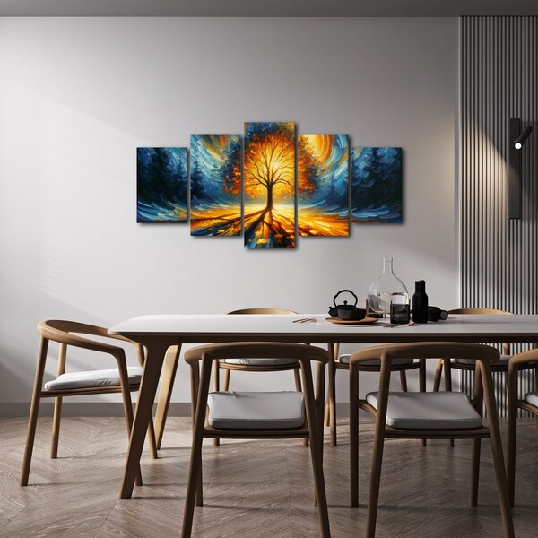 5-dílný obraz zářivý strom života v ohnivých barvách