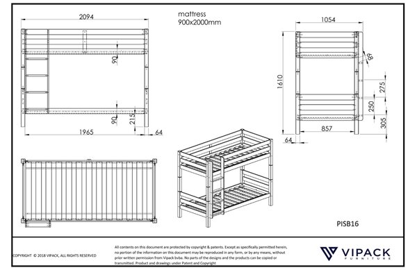 Vyšší borovicová dvoupatrová postel Vipack Pino 90 x 200 cm