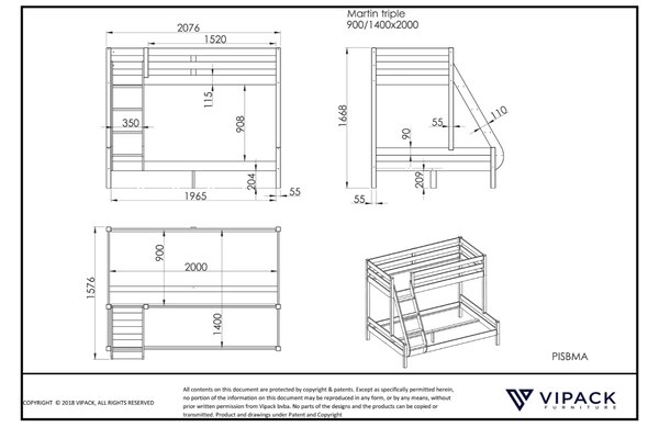 Borovicová dvoupatrová postel Vipack Pino Martin 90 x 200 cm a 140 x 200 cm