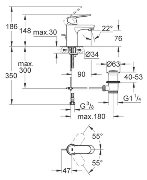 GROHE Eurosmart Cosmopolitan - Páková umyvadlová baterie DN 15, velikost S, Chrom 3282500E