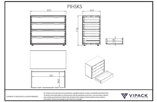 Bílá lakovaná komoda Vipack Pino 85,5 x 43,3 cm se čtyřmi zásuvkami