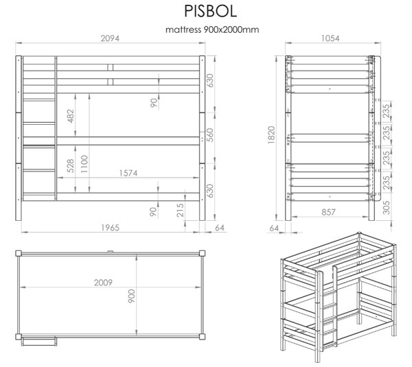 Borovicová dvoupatrová postel Vipack Pino 90 x 200 cm s rámem uprostřed