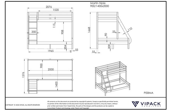 Vipack Dřevěná dvoupatrová postel Pino Martin 90 x 200 cm, 140 x 200 cm