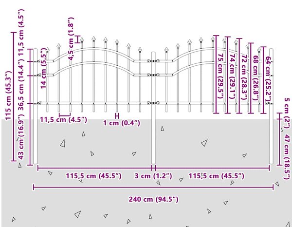 Zahradní plot Woerden s kopím nahoře černý 240 x 75 cm ocelový 151079