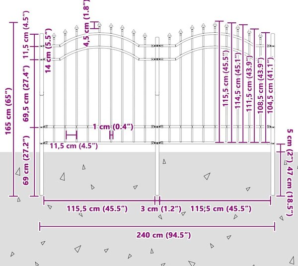Zahradní plot Woerden s kopím nahoře černý 240 x 125 cm ocelový 151081