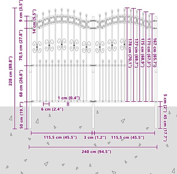 Zahradní plot KAMPEN s kopím nahoře černý 240 x 175 cm ocelový 151088