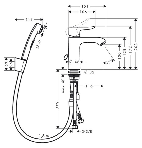 Hansgrohe Metris Páková umyvadlová baterie s ruční sprchou Bidette a sprchovou hadicí 160 cm, chrom 31285000