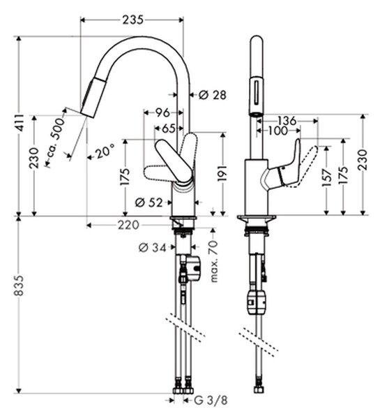 Hansgrohe Focus M41 kuchyňská páková baterie 240, vytahovatelná sprška, 2jet, vzhled nerezu 31815800