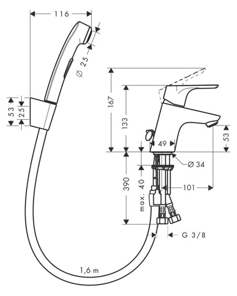 Hansgrohe Focus Páková umyvadlová baterie 70 s ruční sprchou Bidette a sprchovou hadicí 160 cm, chrom 31926000