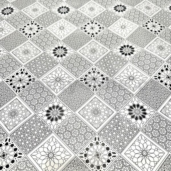 Ubrus PVC 3581139, metráž, šířka 140 cm, květinový kaleidoskop černo-bílý, IMPOL TRADE