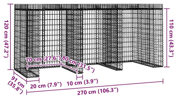 Gabionová stěna na popelnice 270x91x120 cm pozinkované železo 151337
