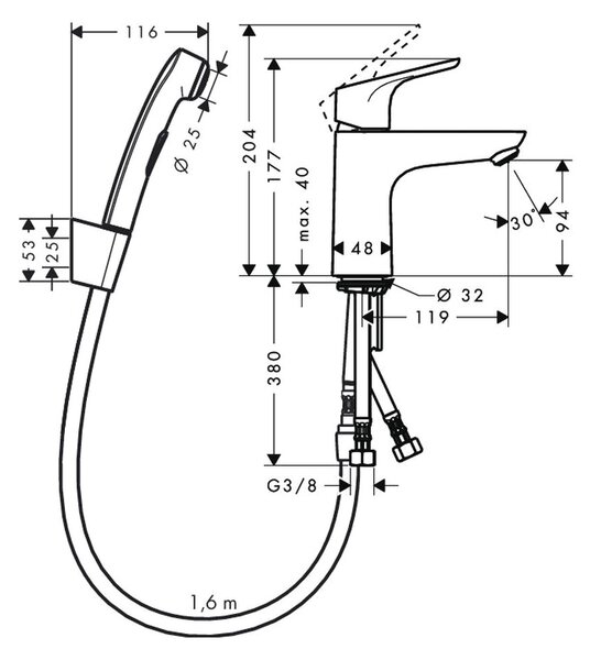 Hansgrohe Focus Páková umyvadlová baterie 100 s ruční sprchou Bidette a sprchovou hadicí 160 cm, chrom 31927000
