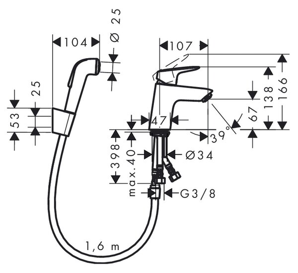 Hansgrohe Logis - Páková umyvadlová baterie s ruční sprchou Bidette a sprchovou hadicí 160 cm, chrom 71290000