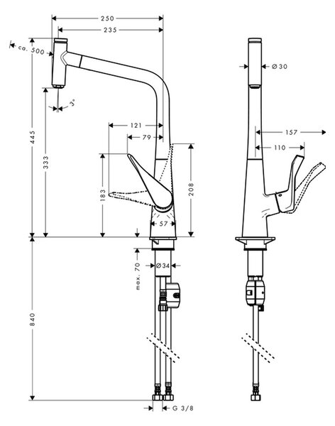 Hansgrohe Metris Select M71 kuchyňská páková baterie 320, vytahovatelný výtok, 1jet, vzhled nerezu 14884800