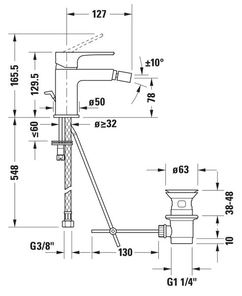Duravit B.1 - Bidetová baterie s odtokovou soupravou, chrom B12400001010