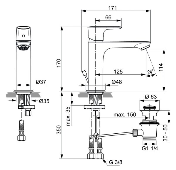 Ideal Standard Connect Air - Umyvadlová baterie stojánková Slim Grande s odtokovou garniturou, chrom A7012AA