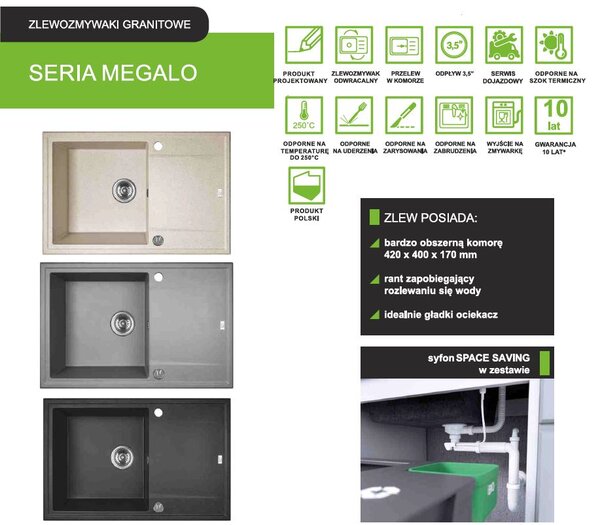 Laveo Megalo, kuchyňský dřez 790x490x230 mm, šedá, LAV-SBE_511T
