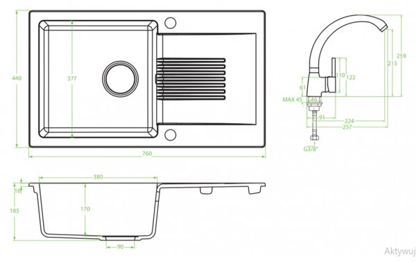 Laveo Ceilia, 1-komorový dřez 760x440x185mm + dřezová baterie, béžová, LAV-SJCG411T