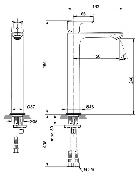 Ideal Standard Connect Air - Umyvadlová baterie stojánková vysoká Slim bez odtokové garnitury, chrom A7027AA