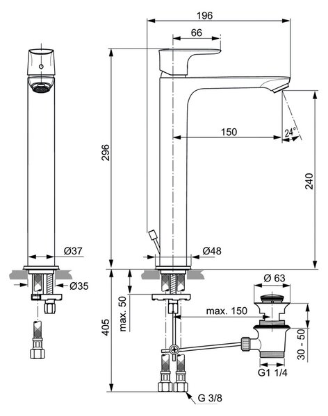 Ideal Standard Connect Air - Umyvadlová baterie stojánková vysoká Slim s odtokovou garniturou, chrom A7025AA