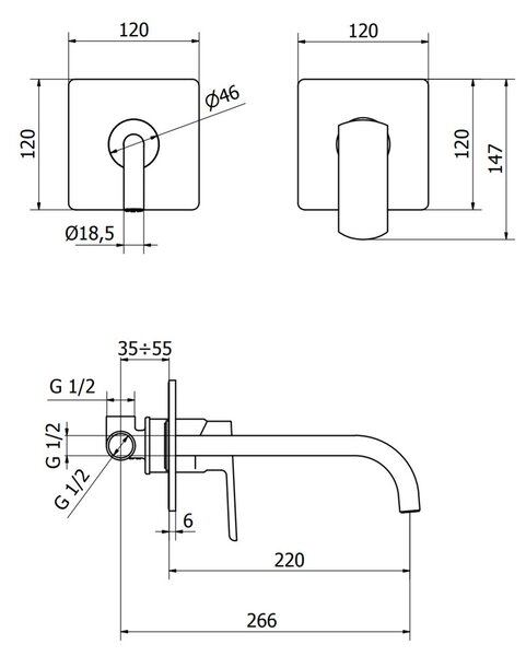 Teorema Edge- Umyvadlová baterie pod omítku, komplet, výtok 220 mm, výpusť CLICK chrom 8E318