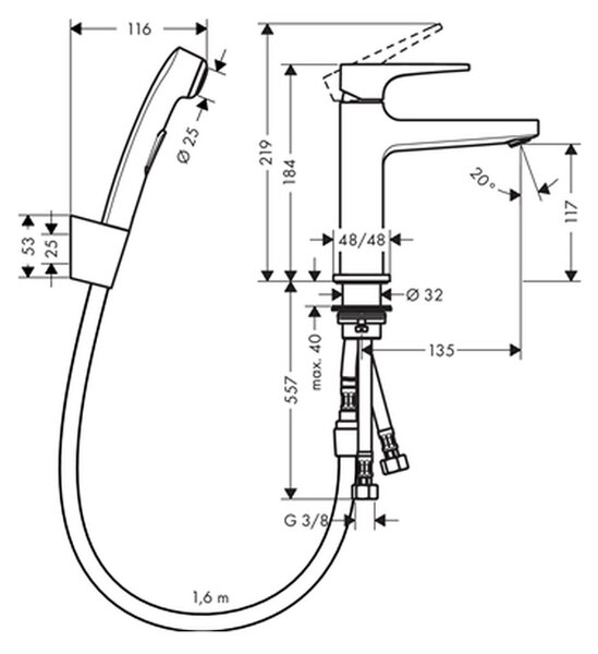 Hansgrohe Metropol Umyvadlová baterie s plnou pákou, ruční sprchou Bidette a sprchovou hadicí 160 cm, chrom 32522000