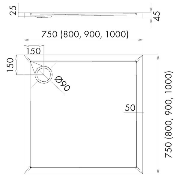 Schedline Sharper čtvercová sprchová vanička 90x90 cm bílá 3S.S1K-9090