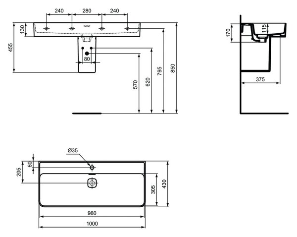 Ideal Standard Strada II - Umyvadlo 1000x430 mm, s přepadem, bílá T364601
